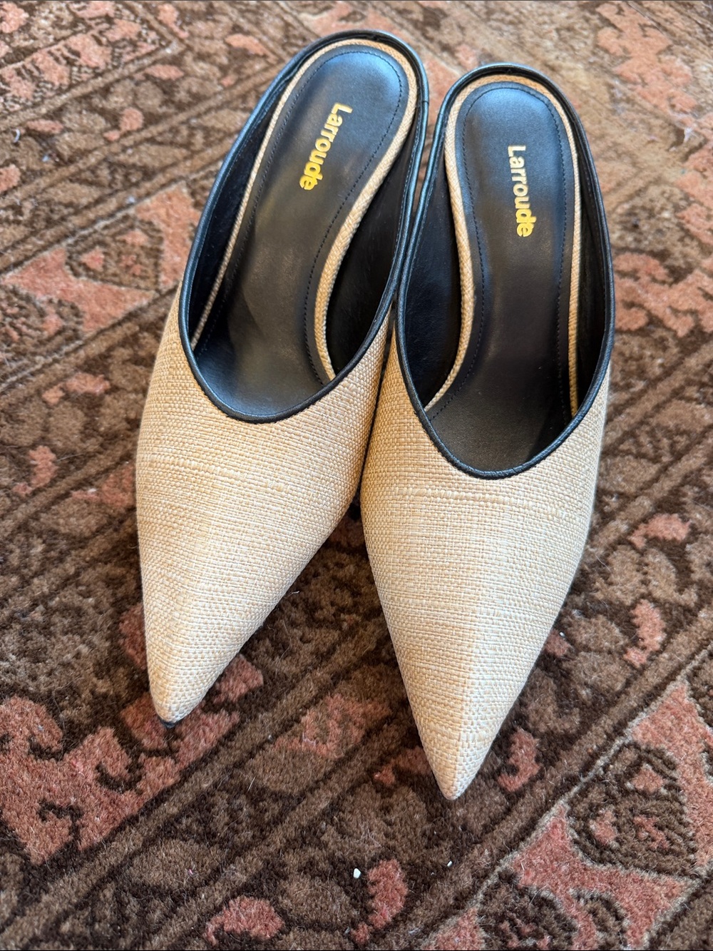 Larroude Beige Pointed-Toe Slip-On Mules with Black Trim
